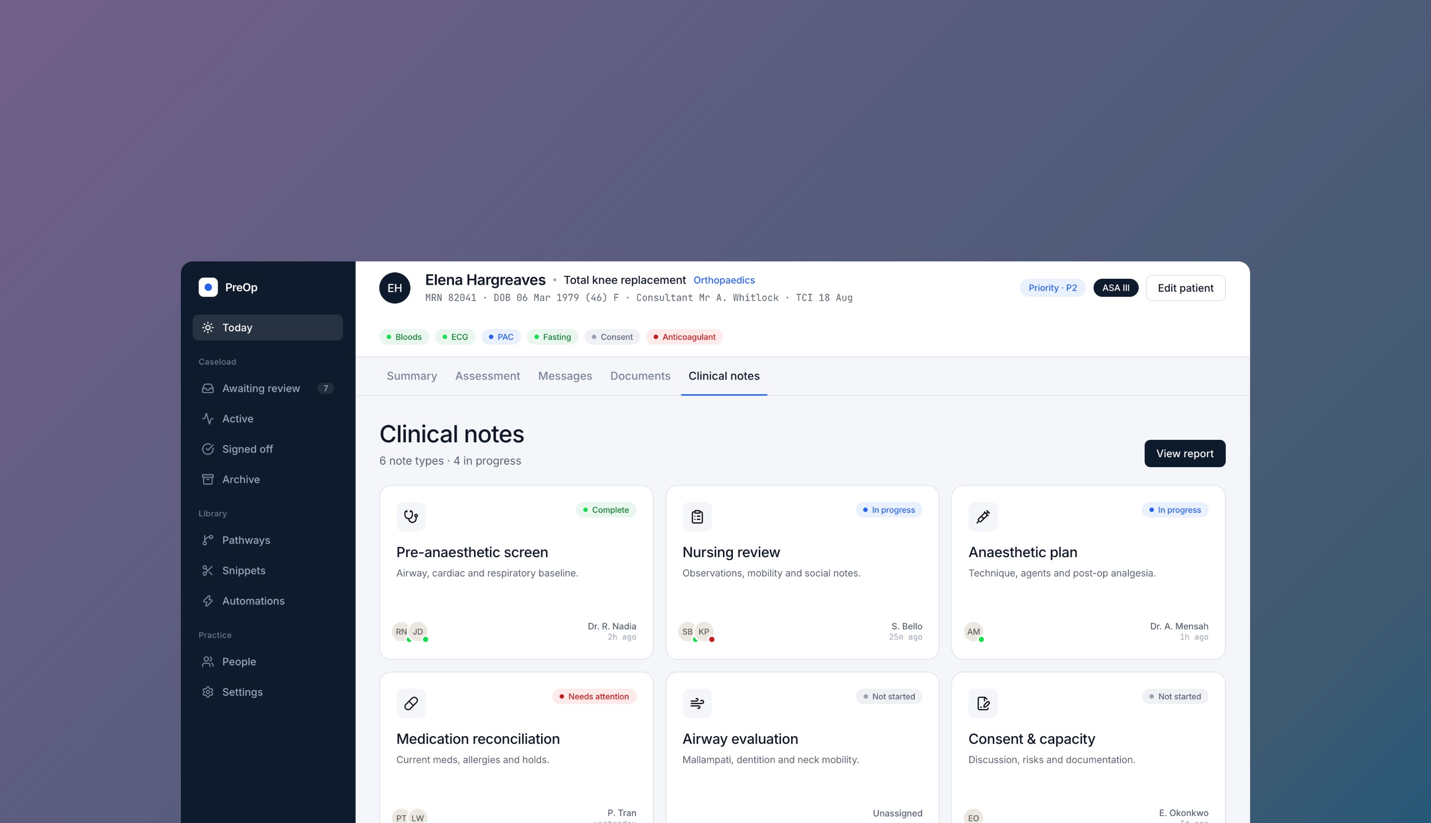 The redesigned Clinical Notes module: role-based note templates for a patient record, each note type showing status, contributors, and last update.