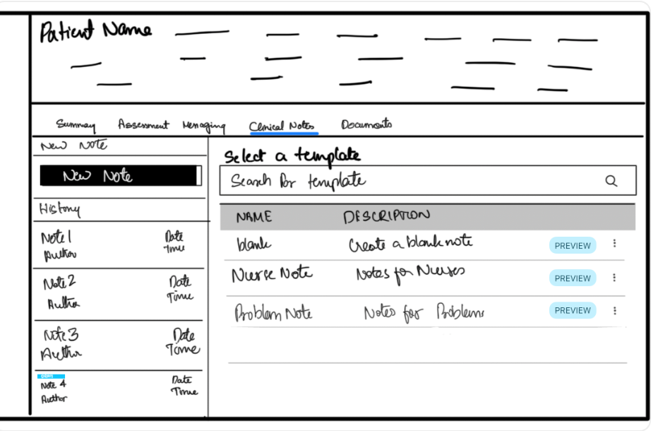 Sketch: a dedicated Clinical Notes tab, always visible in the main navigation