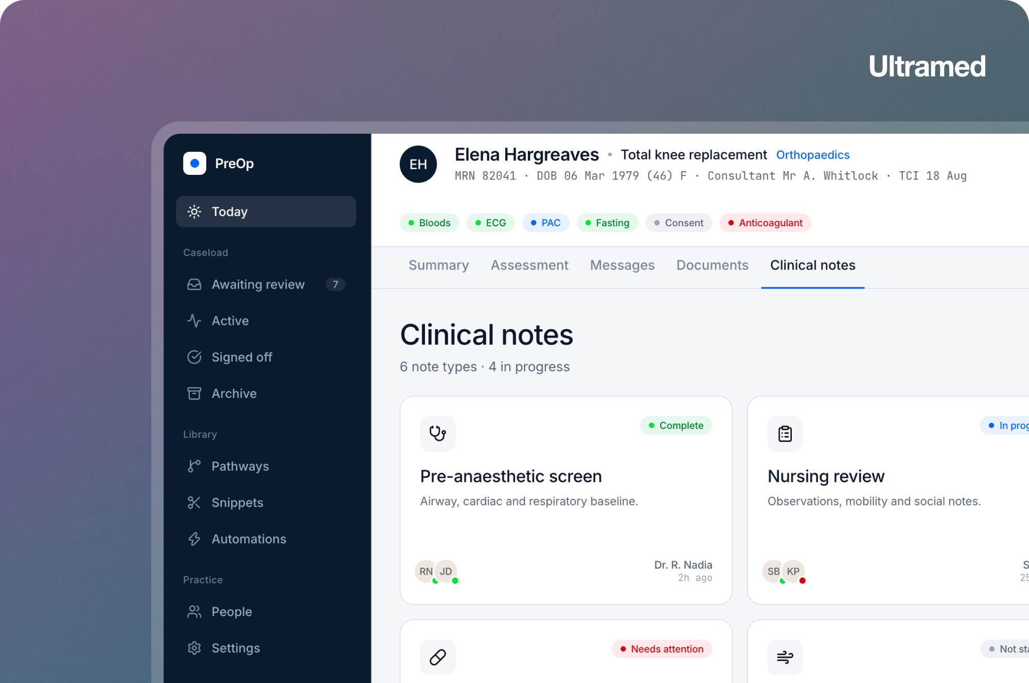 The redesigned Clinical Notes screen in Ultramed's PreOp portal: a patient header, and note-type cards for pre-anaesthetic screen and nursing review showing status and who last edited them.