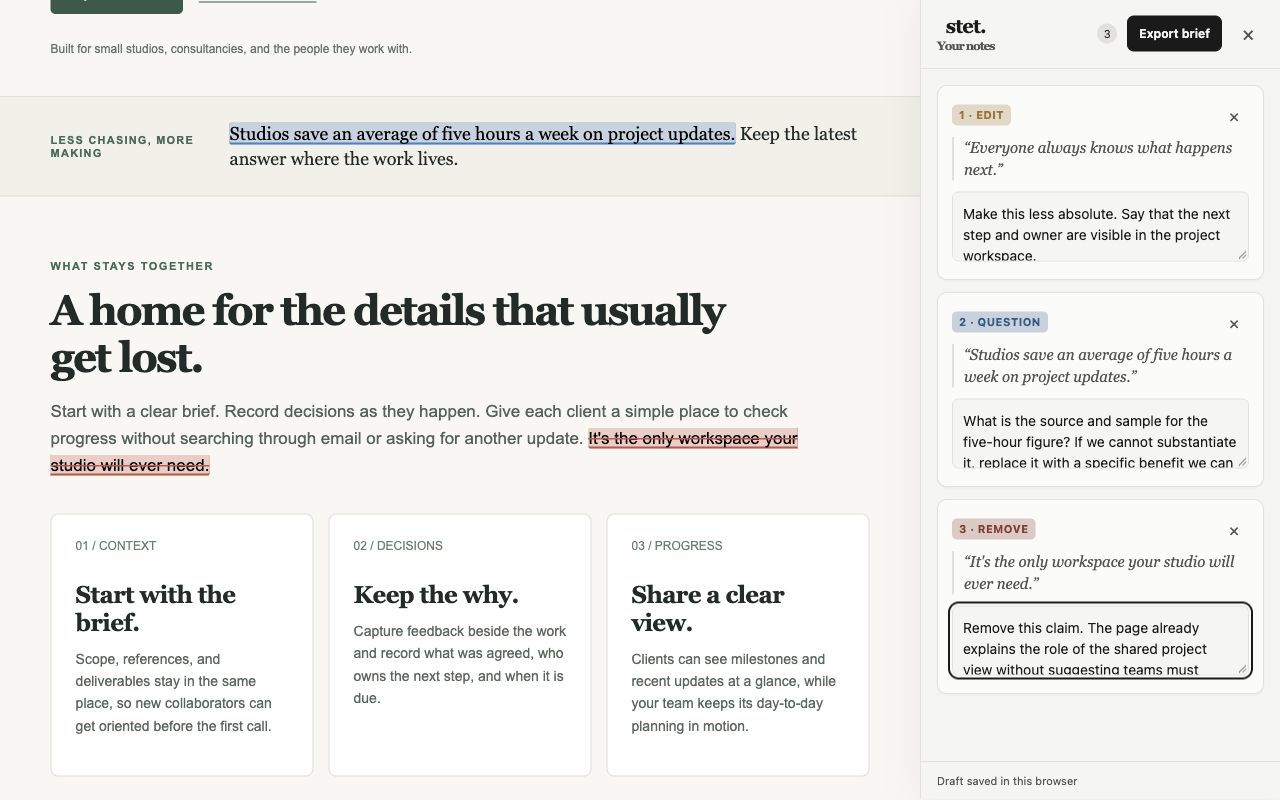 Stet's side panel with three typed notes (Edit, Question, Remove) on a landing page draft