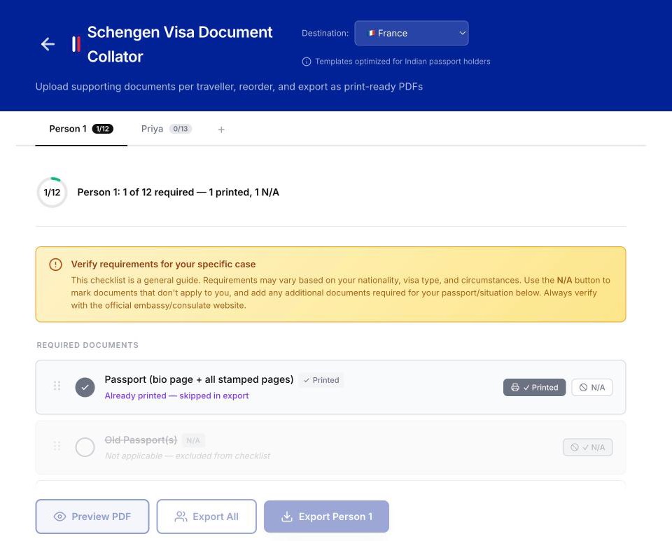 The Visa Doc Collator app: a tab per traveller, a progress ring, and a France checklist with the passport marked Printed and old passports marked N/A