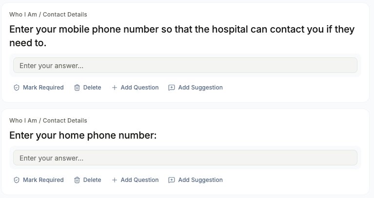 Two question cards, each showing the section breadcrumb, the question text, an input preview, and four quick-action buttons: Mark Required, Delete, Add Question, Add Suggestion