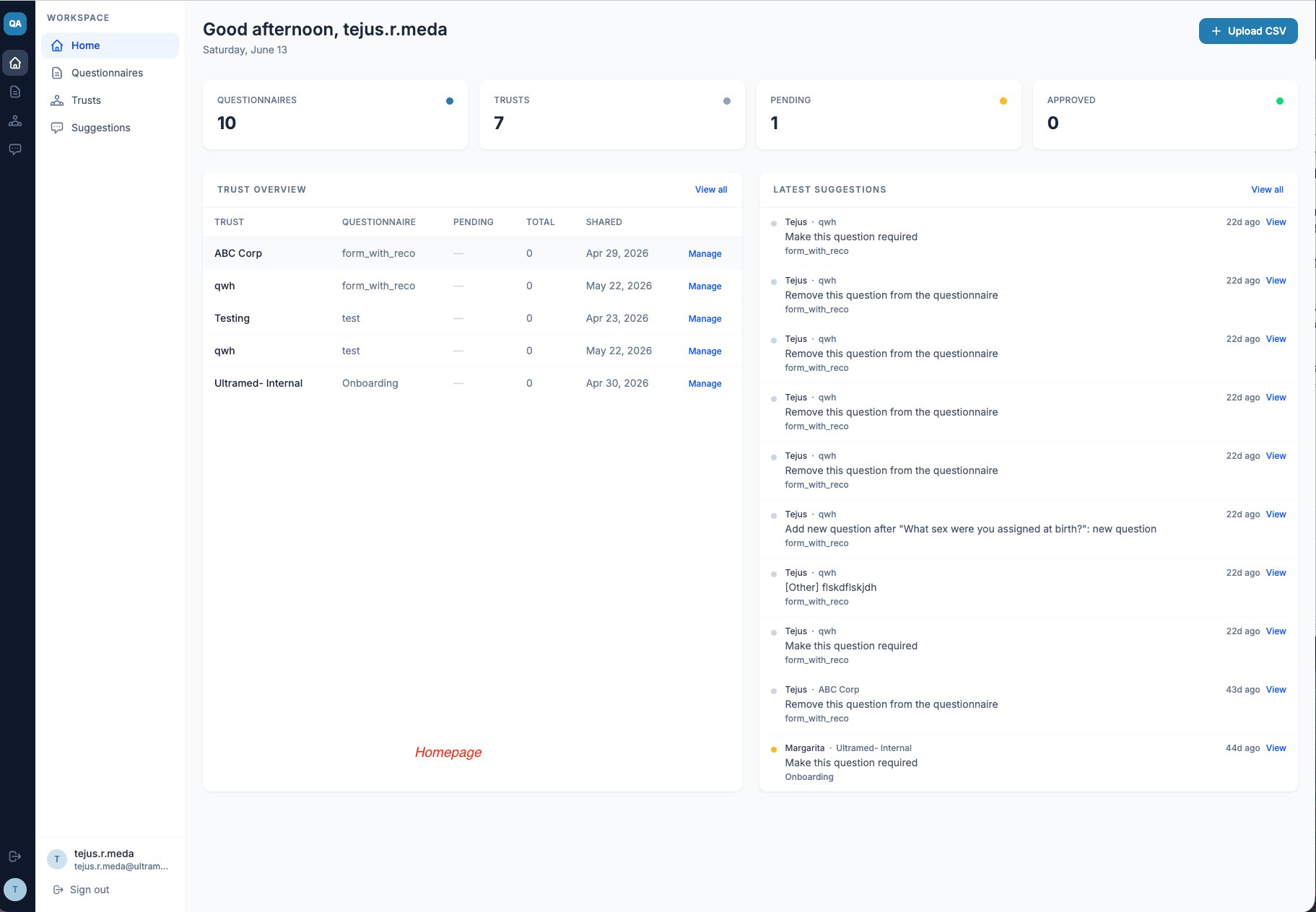 QuestFlow internal home dashboard showing questionnaire and trust counts, a trust overview table, and a live feed of latest suggestions