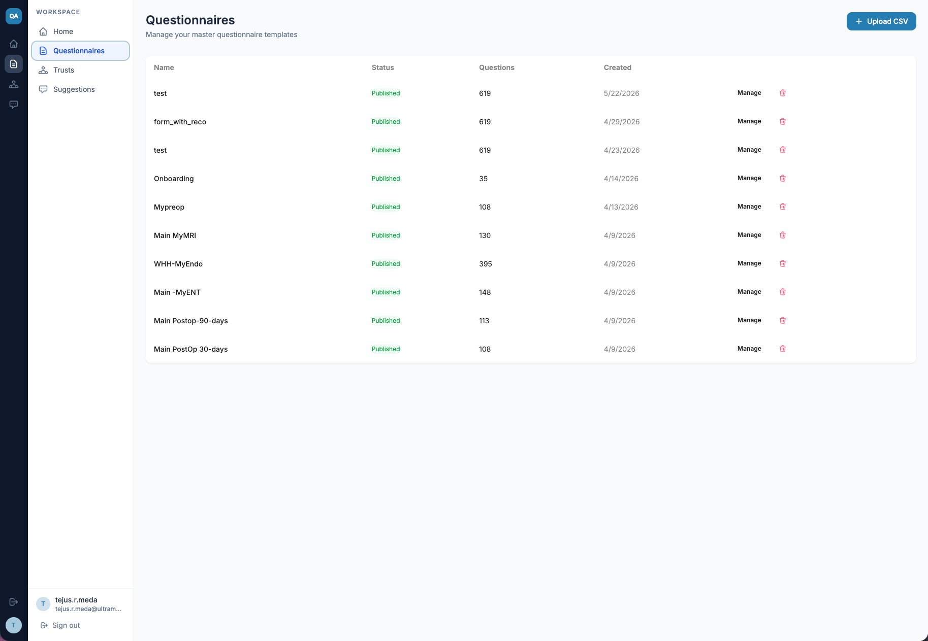 Questionnaires screen listing master questionnaire templates with status, question counts and creation dates, plus an Upload CSV button