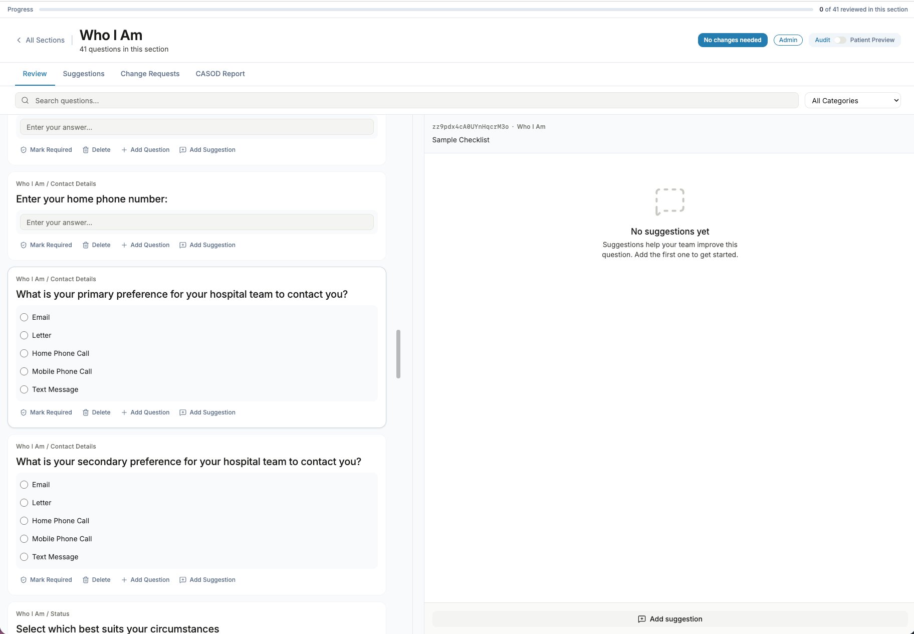 In-section review screen with search and category filter, question cards showing different input types, and a right-hand suggestion panel with an empty state inviting the first suggestion