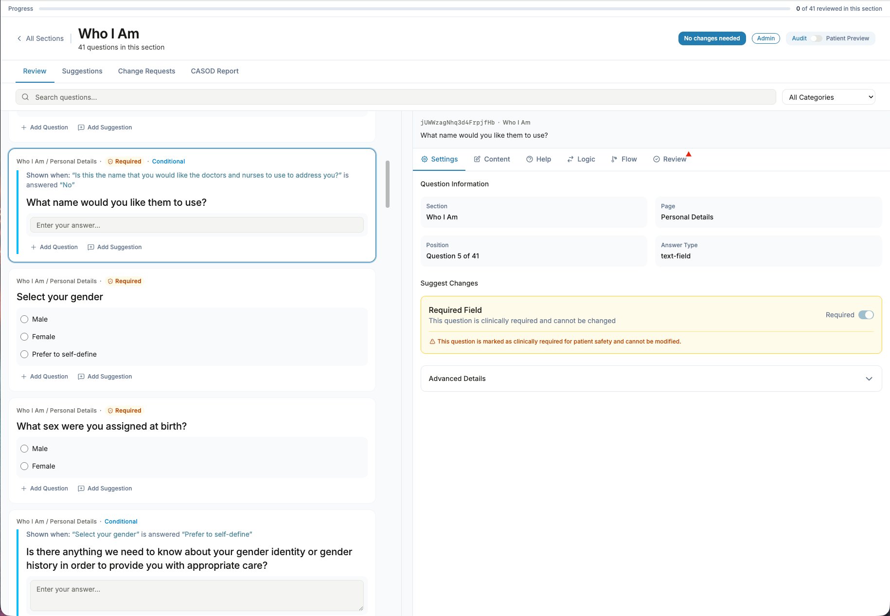 Expanded suggestion panel for a selected question, showing settings tabs, question metadata, suggest-changes controls, and a clinically-required field locked from editing for patient safety