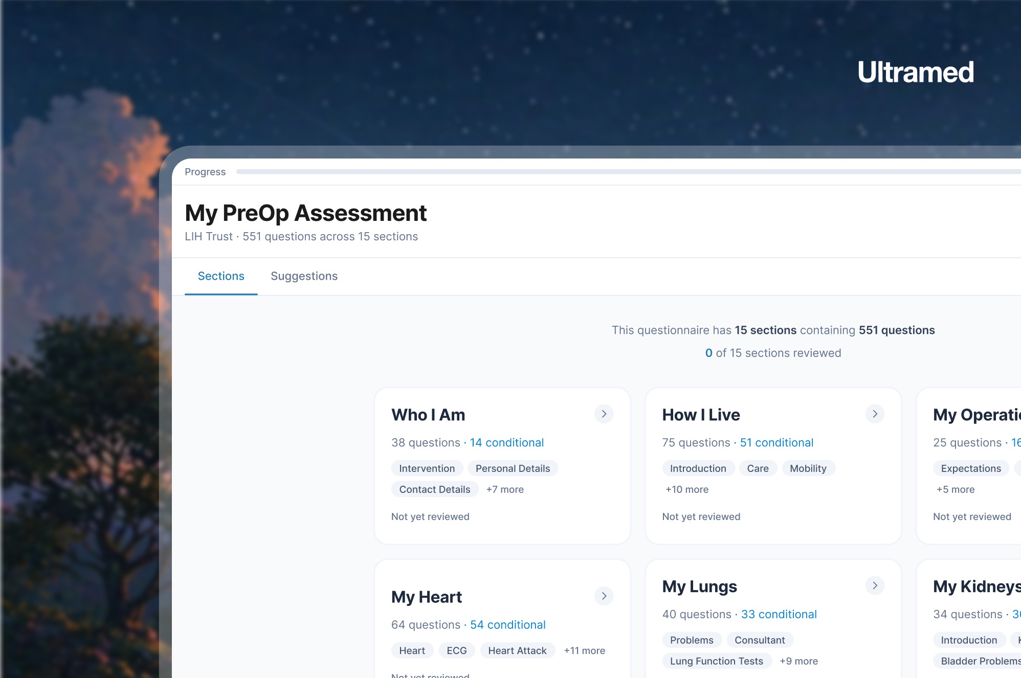 The QuestFlow review workspace in Ultramed: a PreOp assessment of 551 questions across 15 sections, shown as section cards for Who I Am, How I Live, My Heart and My Lungs, each with its question count and review status.
