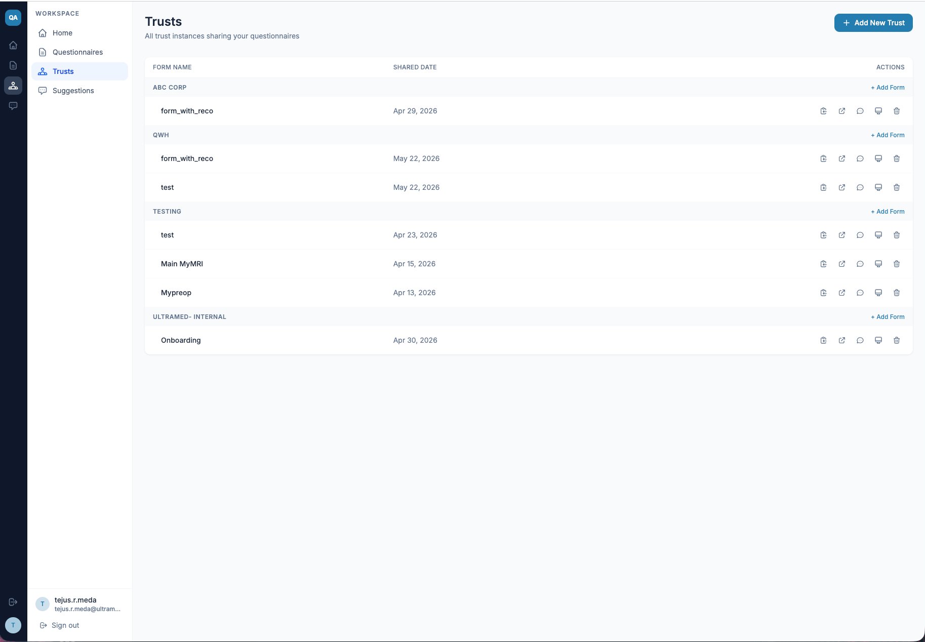 Trusts screen listing trust instances and the forms shared with each, with shared dates and per-form actions