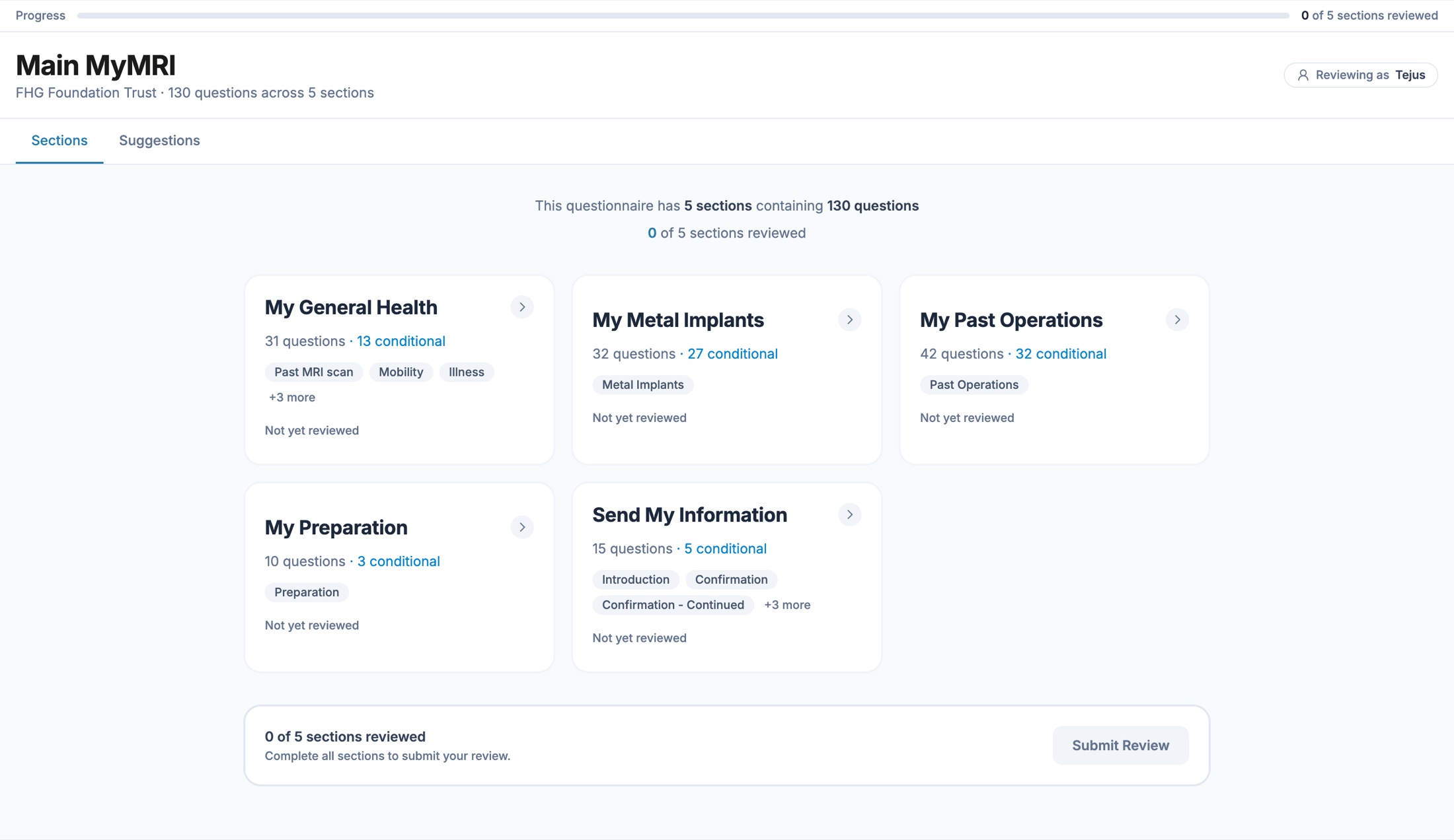 The QuestFlow review workspace showing a questionnaire broken into five section cards, each with its question count, number of conditional questions, and review status, above a submit review bar.