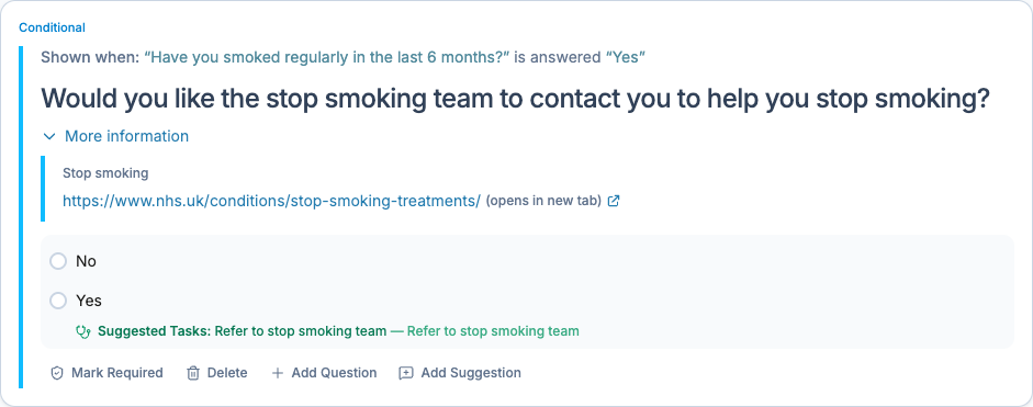 Version 04 of the question card: the shipped design, showing the conditional parent question, a collapsible more information dropdown, the answer options, a suggested task triggered by an answer, and the quick action menu.